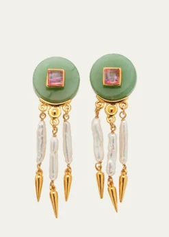 Ben-AmunMadre Pearl, Aventurine and Rose Crystal Clip Earrings
