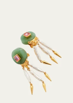 Ben-AmunMadre Pearl, Aventurine and Rose Crystal Clip Earrings