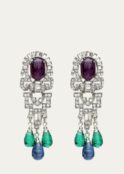 Ben-AmunSilver Crystal Oval Topa and Emerald Sapphire Drop Clip-On Earrings