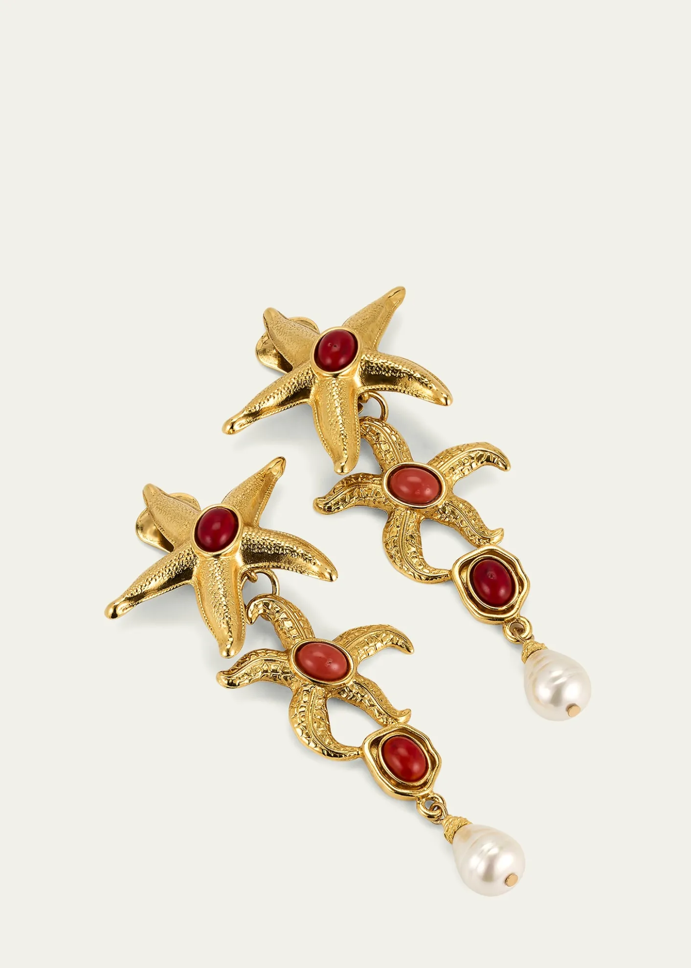Ben-AmunStarfish Clip On Earrings with Pearly Drops and Coral Stones