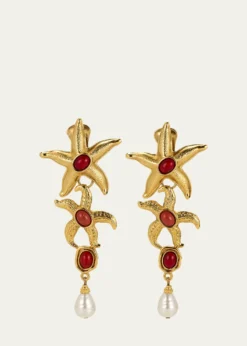 Ben-AmunStarfish Clip On Earrings with Pearly Drops and Coral Stones