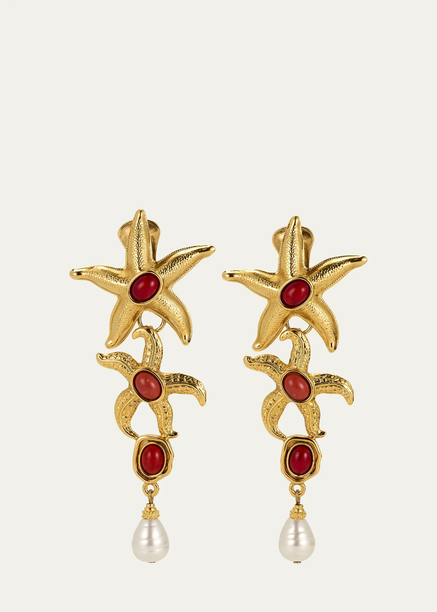 Ben-AmunStarfish Clip On Earrings with Pearly Drops and Coral Stones