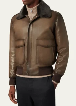 BerlutiMen's Leather & Shearling Collar Bomber Jacket
