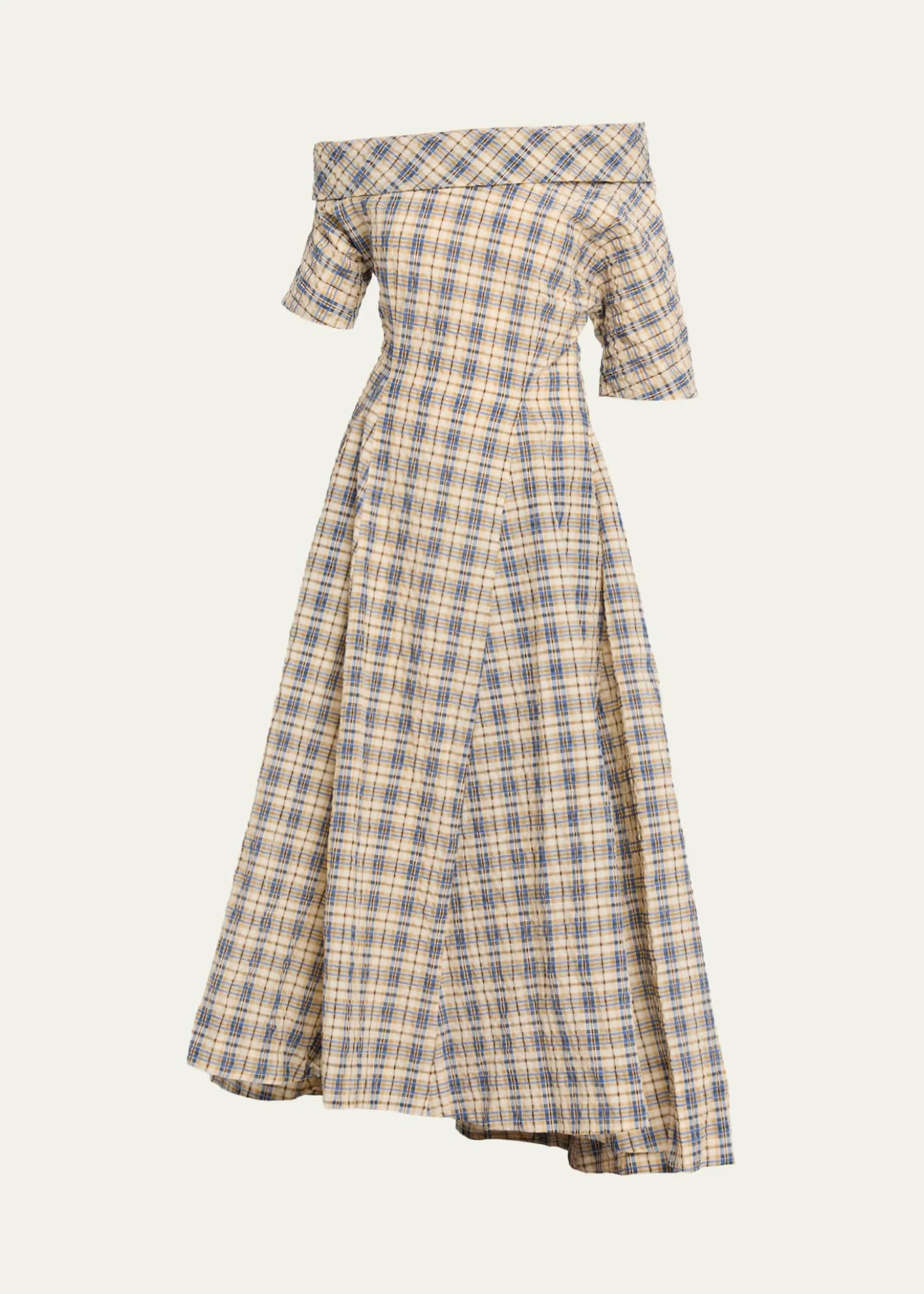 BERNADETTEBowery Off-The-Shoulder Check Seersucker Asymmetric Dress