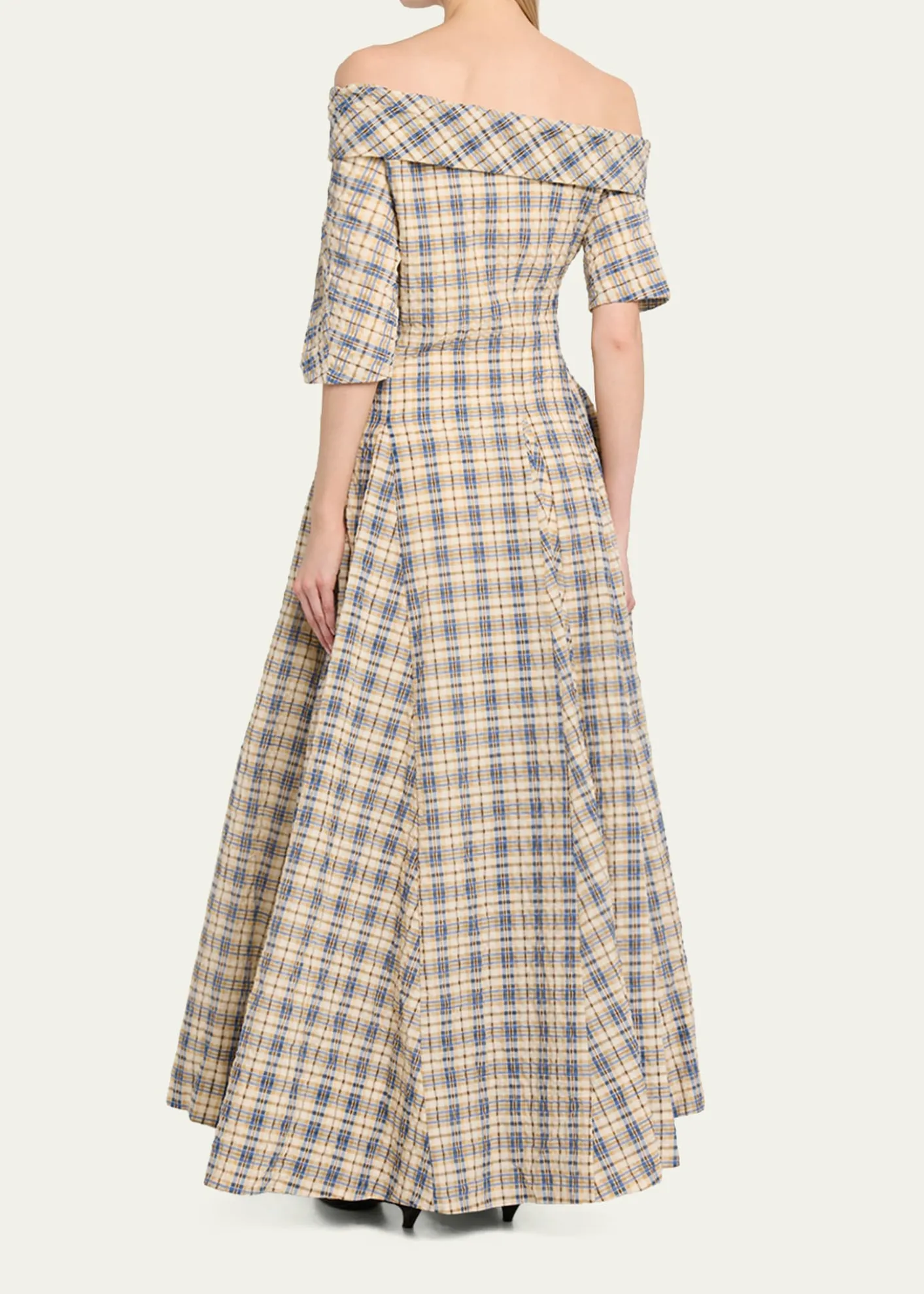 BERNADETTEBowery Off-The-Shoulder Check Seersucker Asymmetric Dress