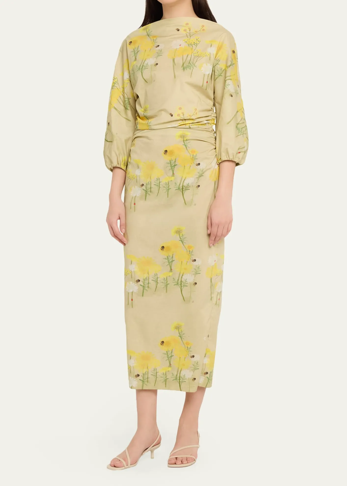 BERNADETTEEzra Floral Ruched Cotton 3/4-Sleeve Midi Dress