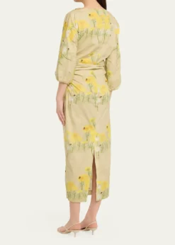 BERNADETTEEzra Floral Ruched Cotton 3/4-Sleeve Midi Dress