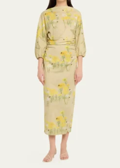 BERNADETTEEzra Floral Ruched Cotton 3/4-Sleeve Midi Dress