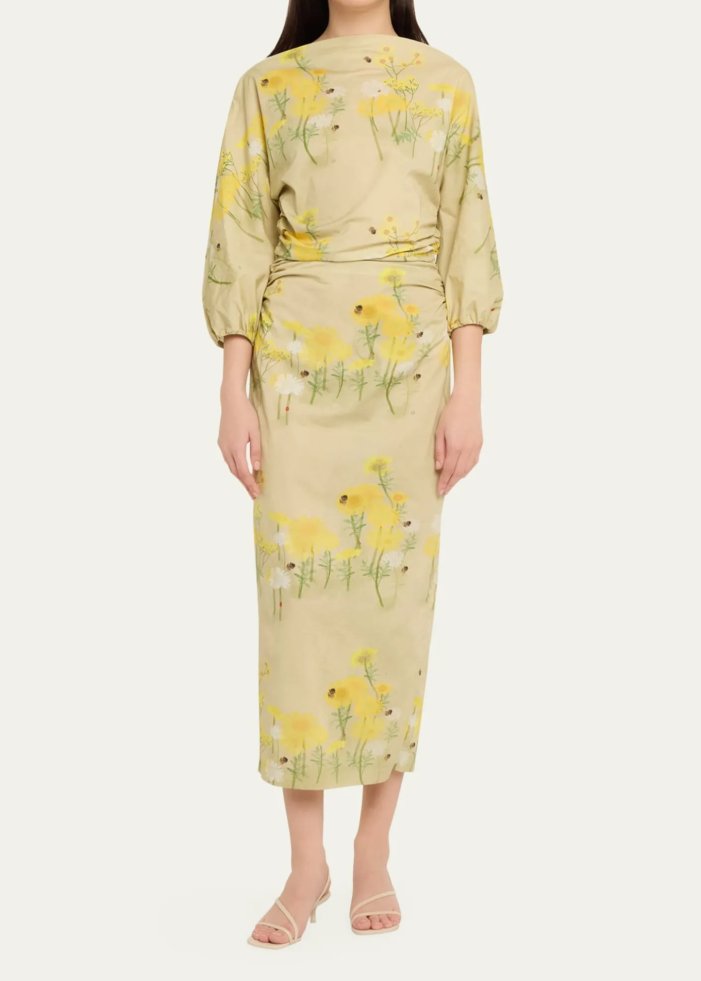 BERNADETTEEzra Floral Ruched Cotton 3/4-Sleeve Midi Dress