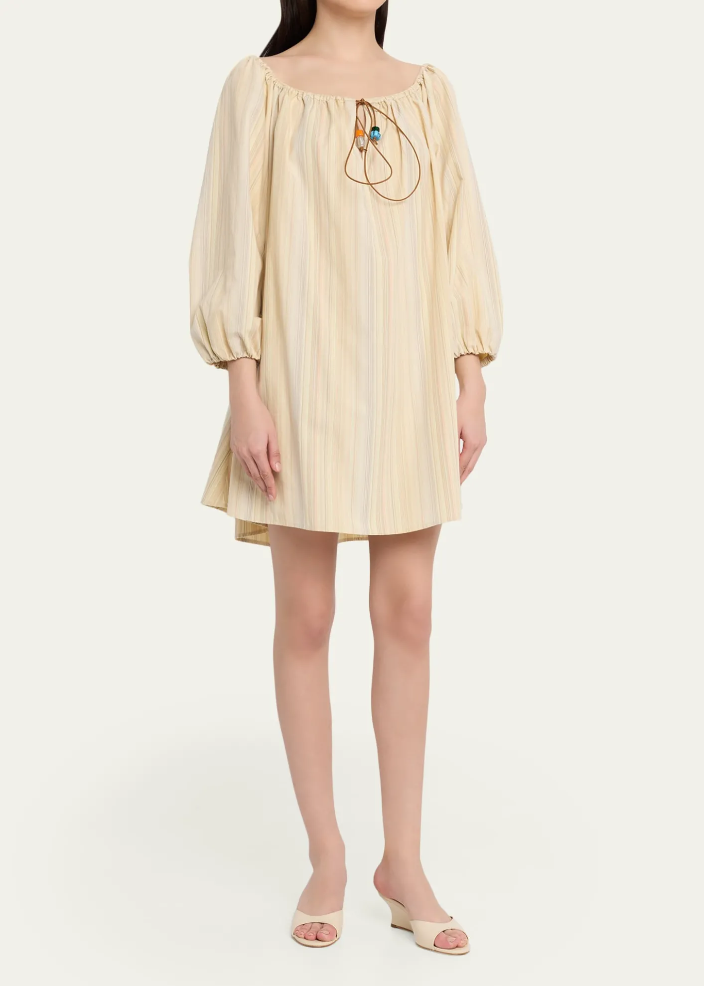 BERNADETTETie-Neck Striped Cotton Long-Sleeve Mini Dress