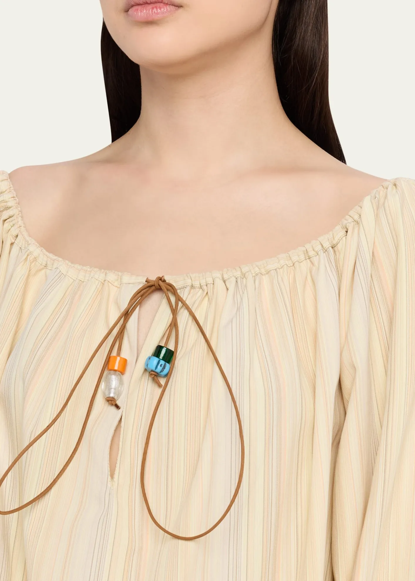 BERNADETTETie-Neck Striped Cotton Long-Sleeve Mini Dress