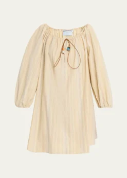 BERNADETTETie-Neck Striped Cotton Long-Sleeve Mini Dress
