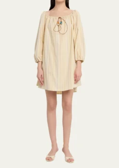 BERNADETTETie-Neck Striped Cotton Long-Sleeve Mini Dress