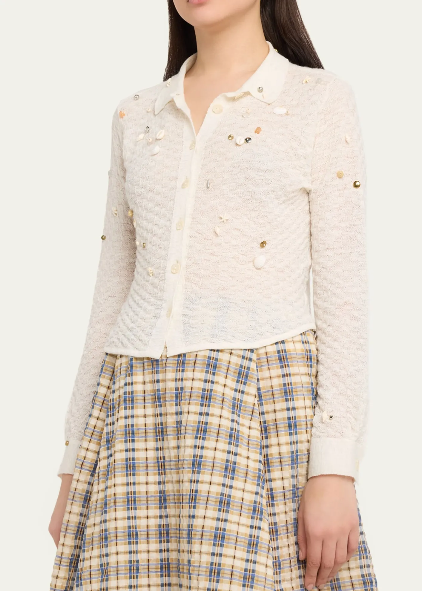 BERNADETTETurner Embellished Check Linen Button-Down Shirt