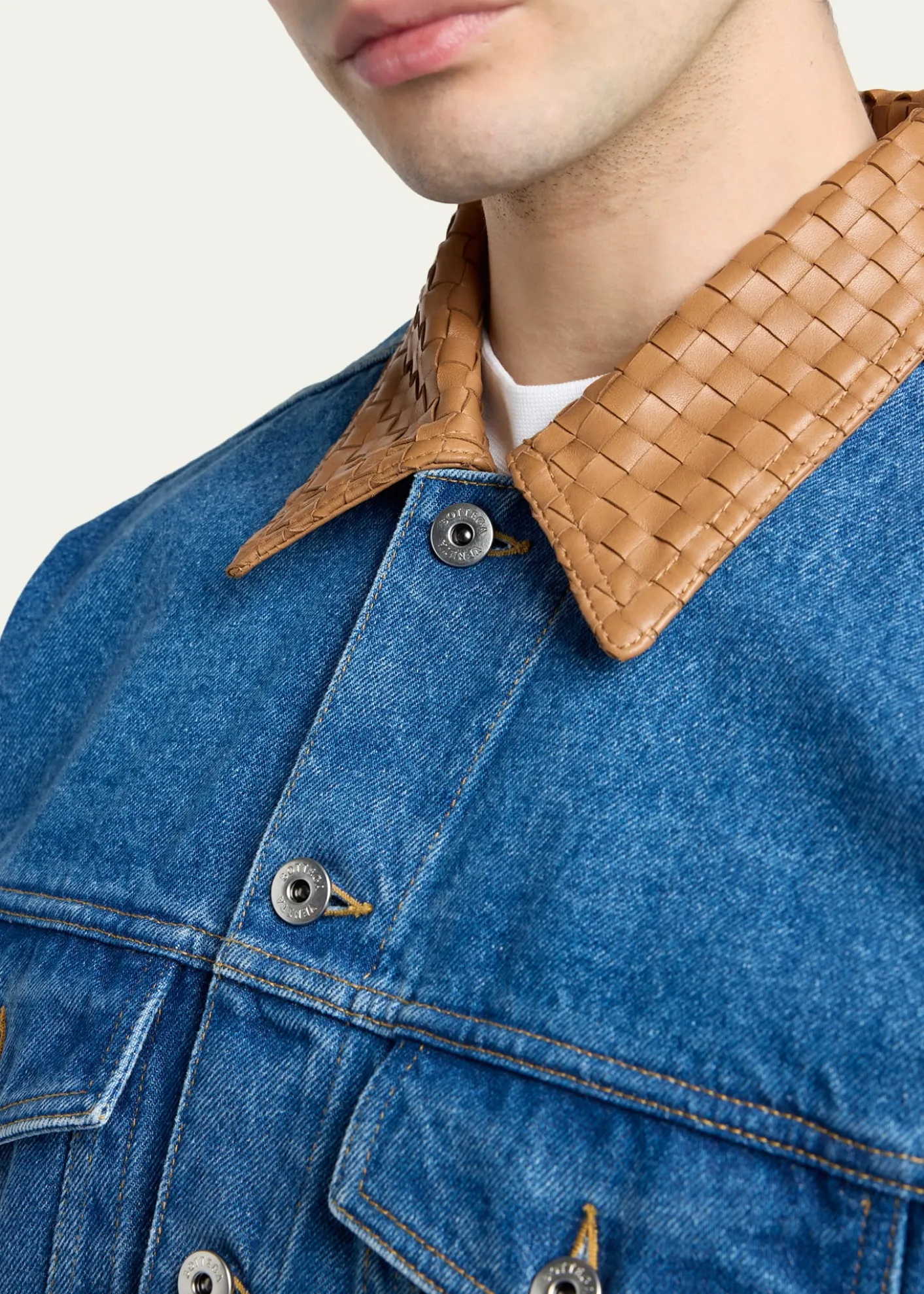 Bottega VenetaMen's Intrecciato-Leather Collar Denim Jacket