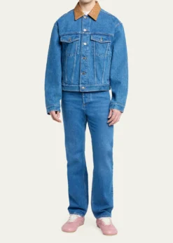 Bottega VenetaMen's Intrecciato-Leather Collar Denim Jacket