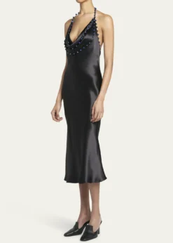 Bottega VenetaBeaded Halter Washed Fluid Shine Viscose Dress