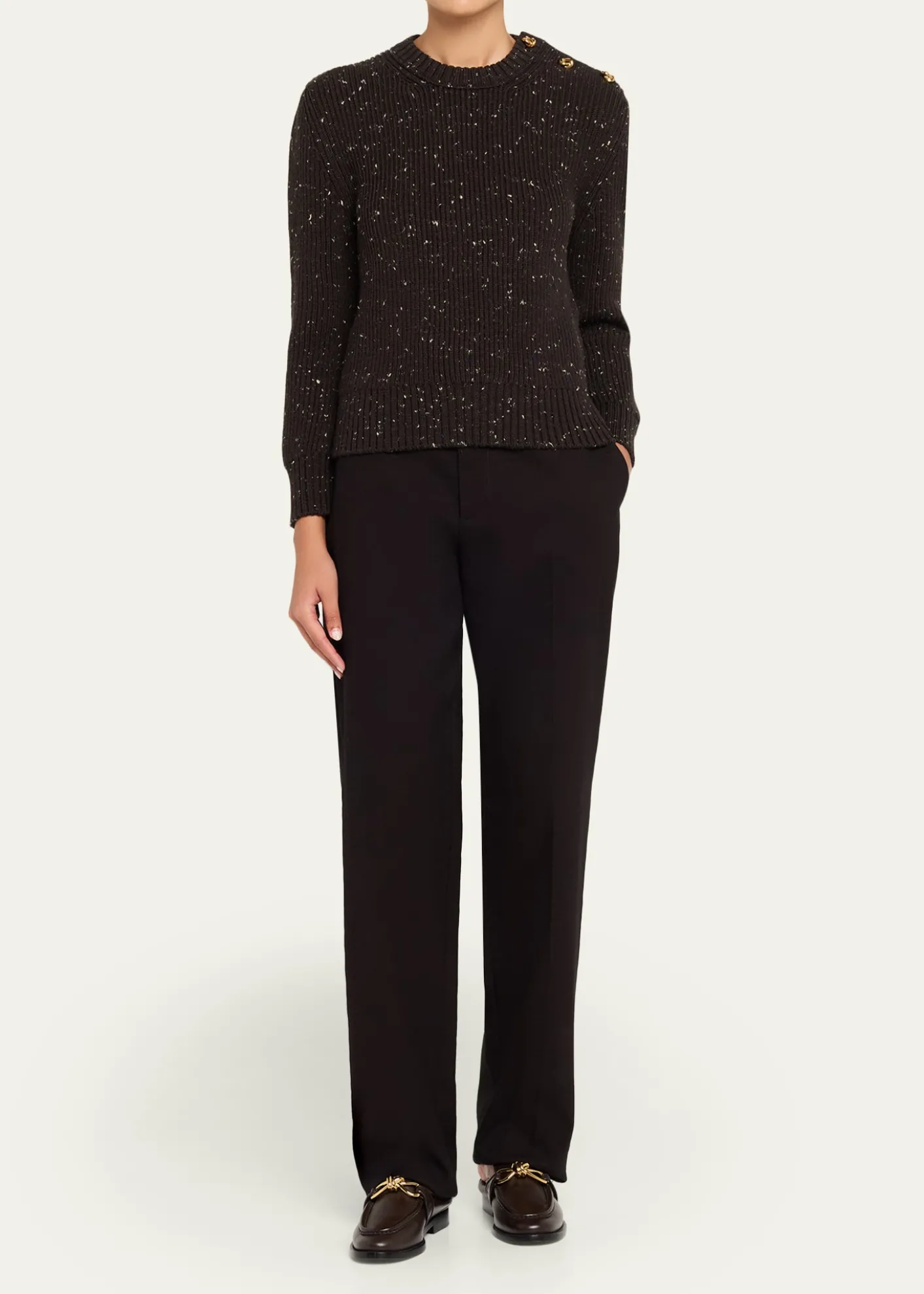 Bottega VenetaButton-Shoulder Speckled Rib Crewneck Sweater