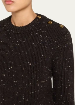 Bottega VenetaButton-Shoulder Speckled Rib Crewneck Sweater