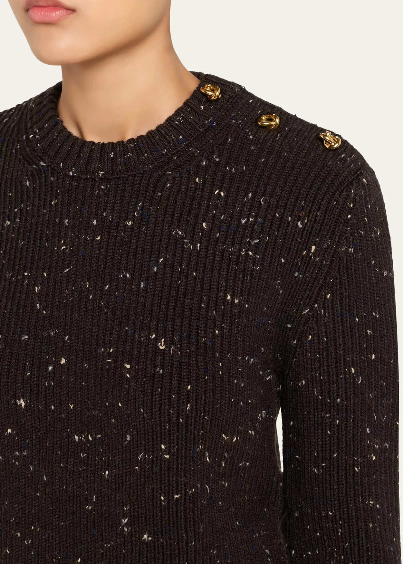 Bottega VenetaButton-Shoulder Speckled Rib Crewneck Sweater