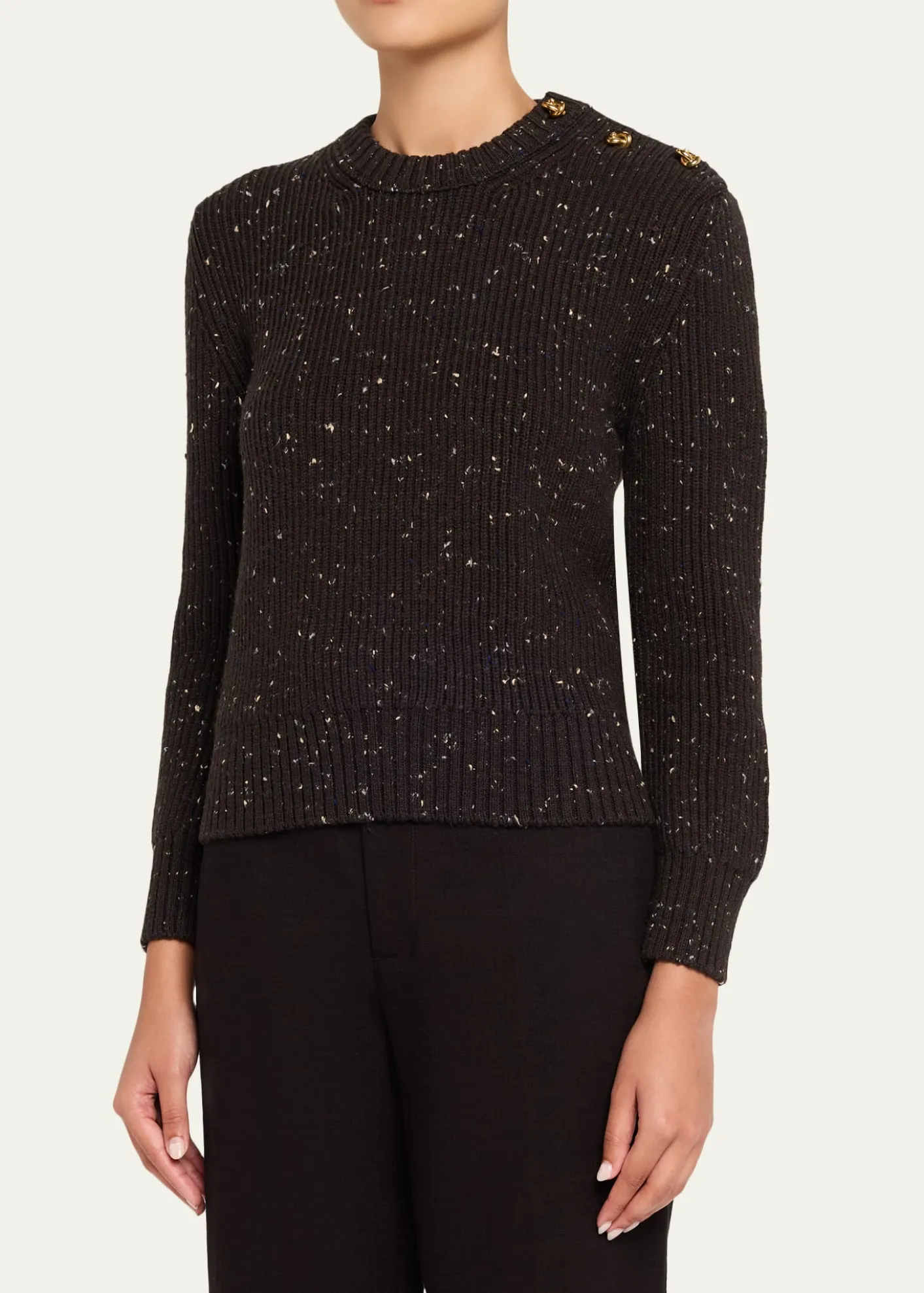 Bottega VenetaButton-Shoulder Speckled Rib Crewneck Sweater