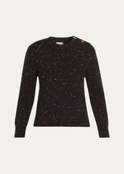 Bottega VenetaButton-Shoulder Speckled Rib Crewneck Sweater