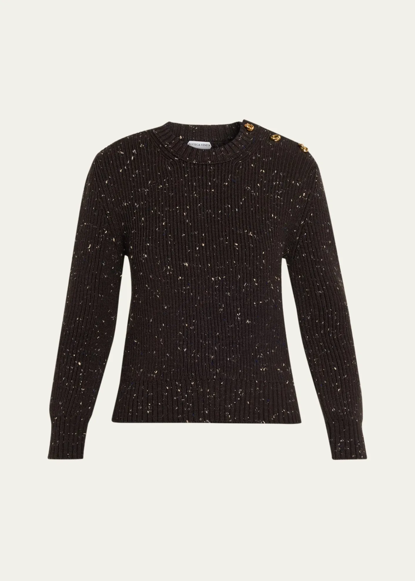 Bottega VenetaButton-Shoulder Speckled Rib Crewneck Sweater