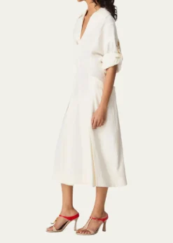 Bottega VenetaFit-and-Flare Grainy Midi Dress with Frog Embellishments