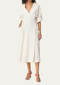Bottega VenetaFit-and-Flare Grainy Midi Dress with Frog Embellishments