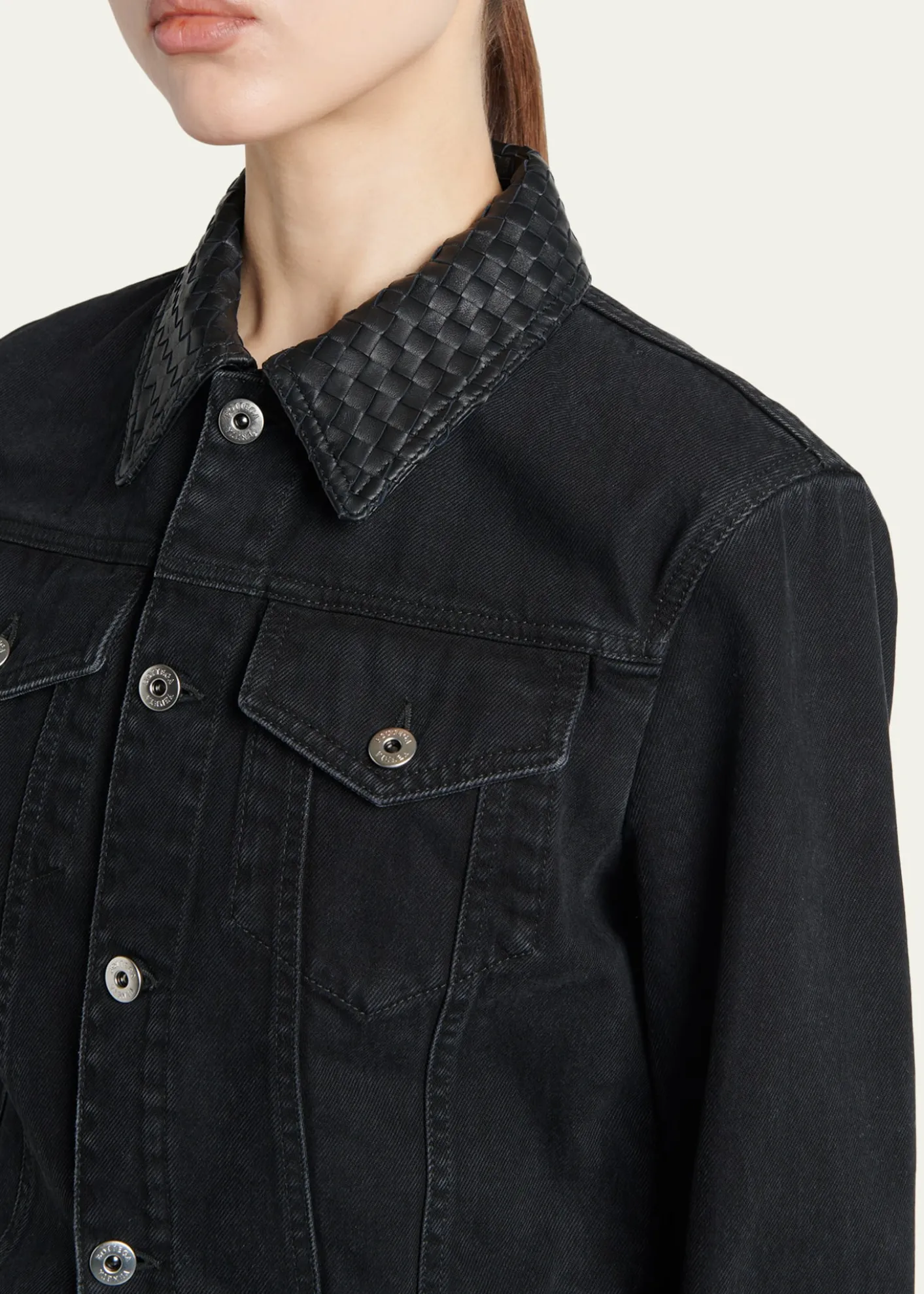 Bottega VenetaIntrecciato-Collar Faded Black Denim Jacket