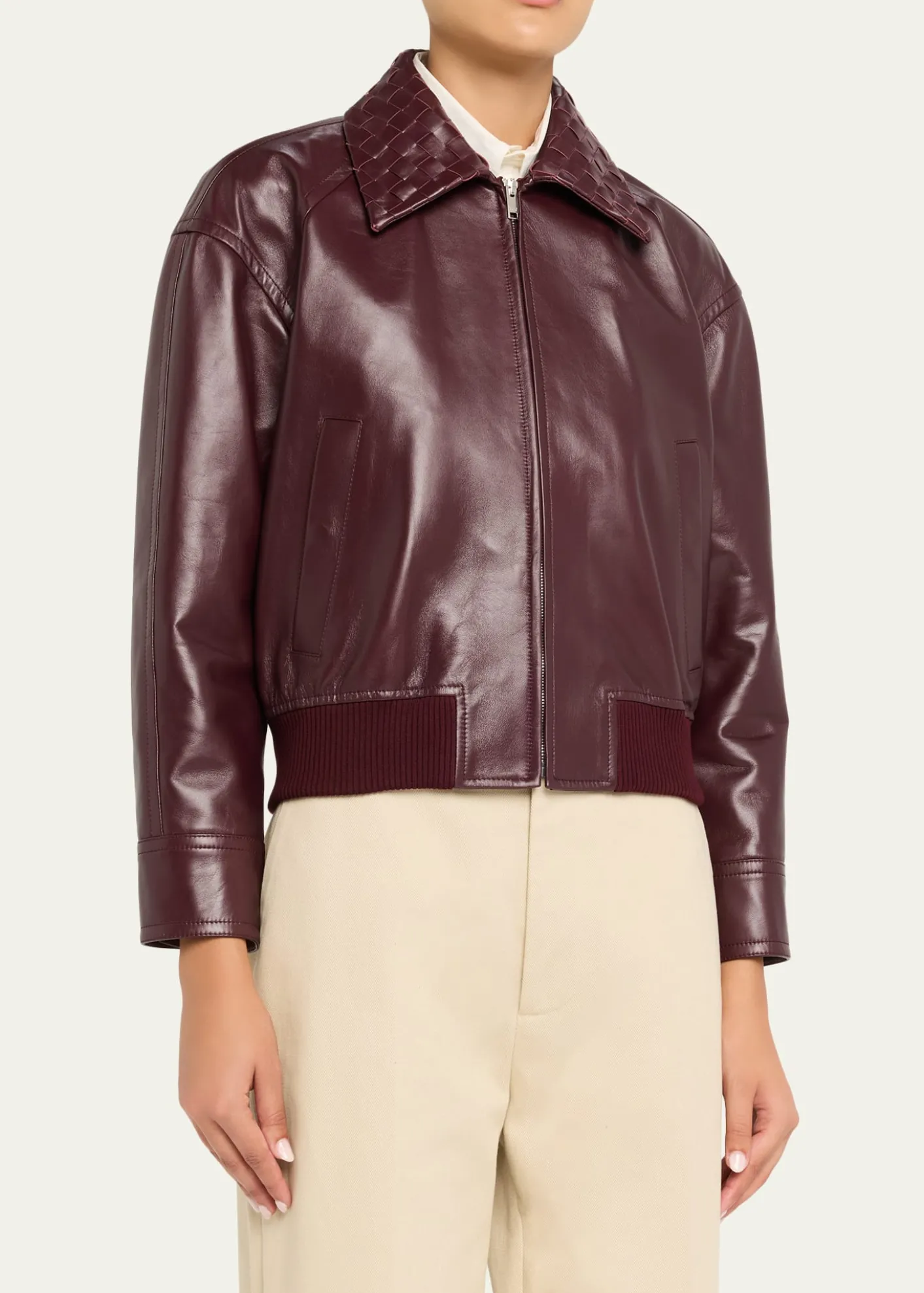 Bottega VenetaIntrecciato Collar Leather Bomber Jacket