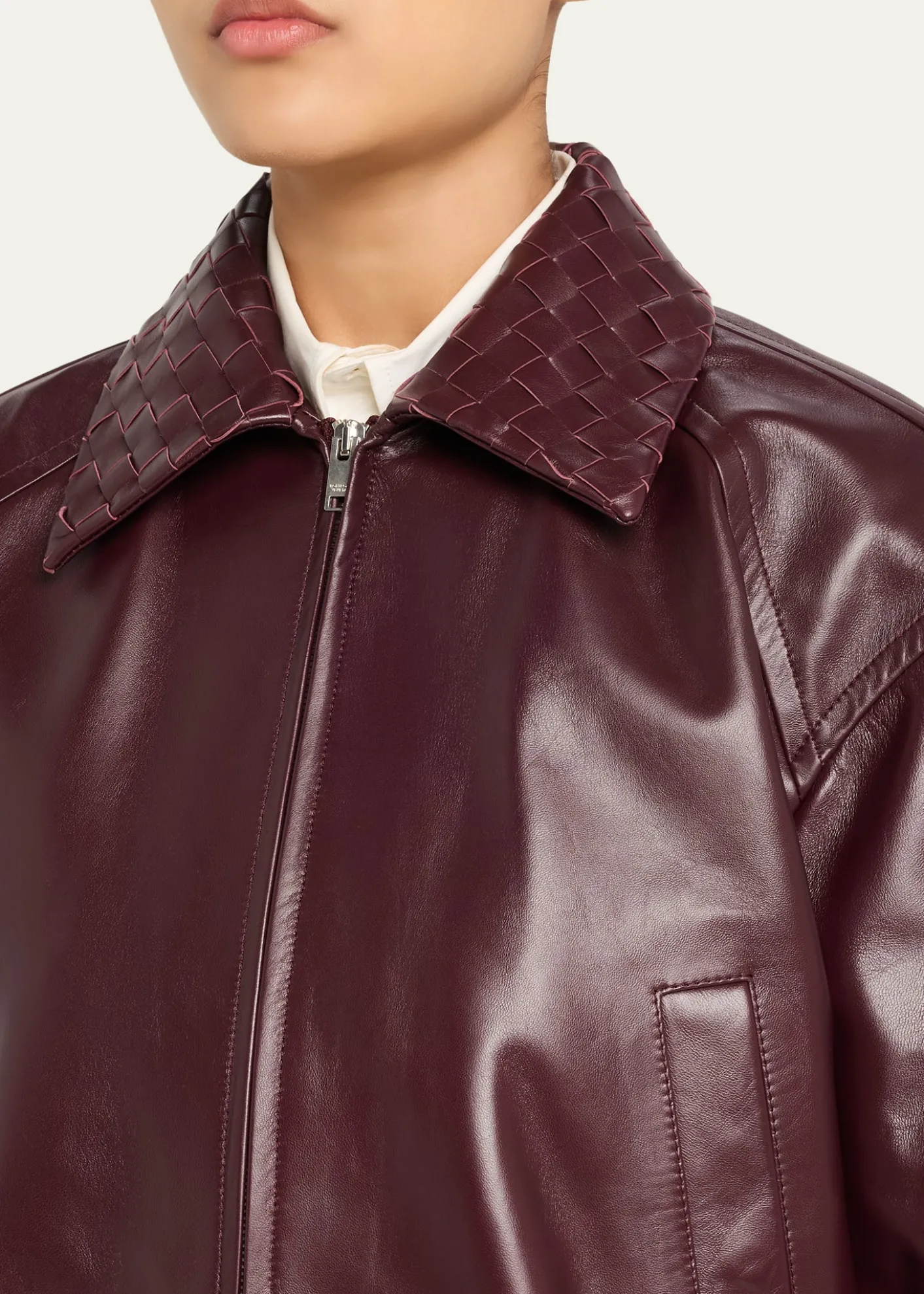 Bottega VenetaIntrecciato Collar Leather Bomber Jacket