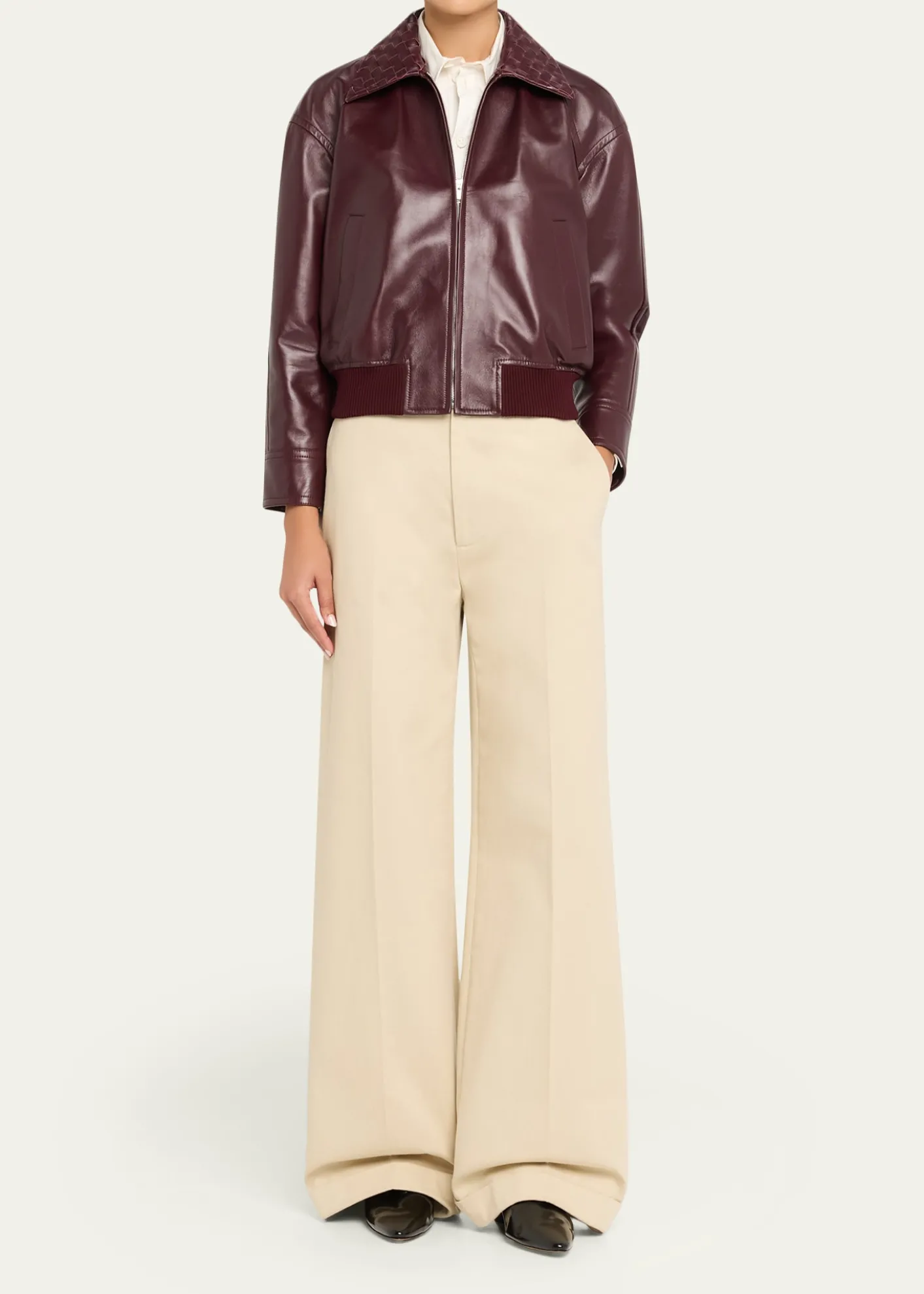 Bottega VenetaIntrecciato Collar Leather Bomber Jacket
