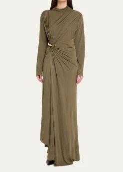 Bottega VenetaLong-Sleeve Draped Matte Crepe Maxi Dress