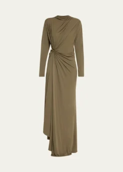 Bottega VenetaLong-Sleeve Draped Matte Crepe Maxi Dress