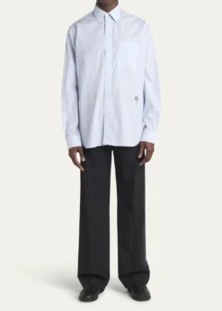 Bottega VenetaMen's Fine Stripe Poplin Shirt with Embroidered Mushroom Patch