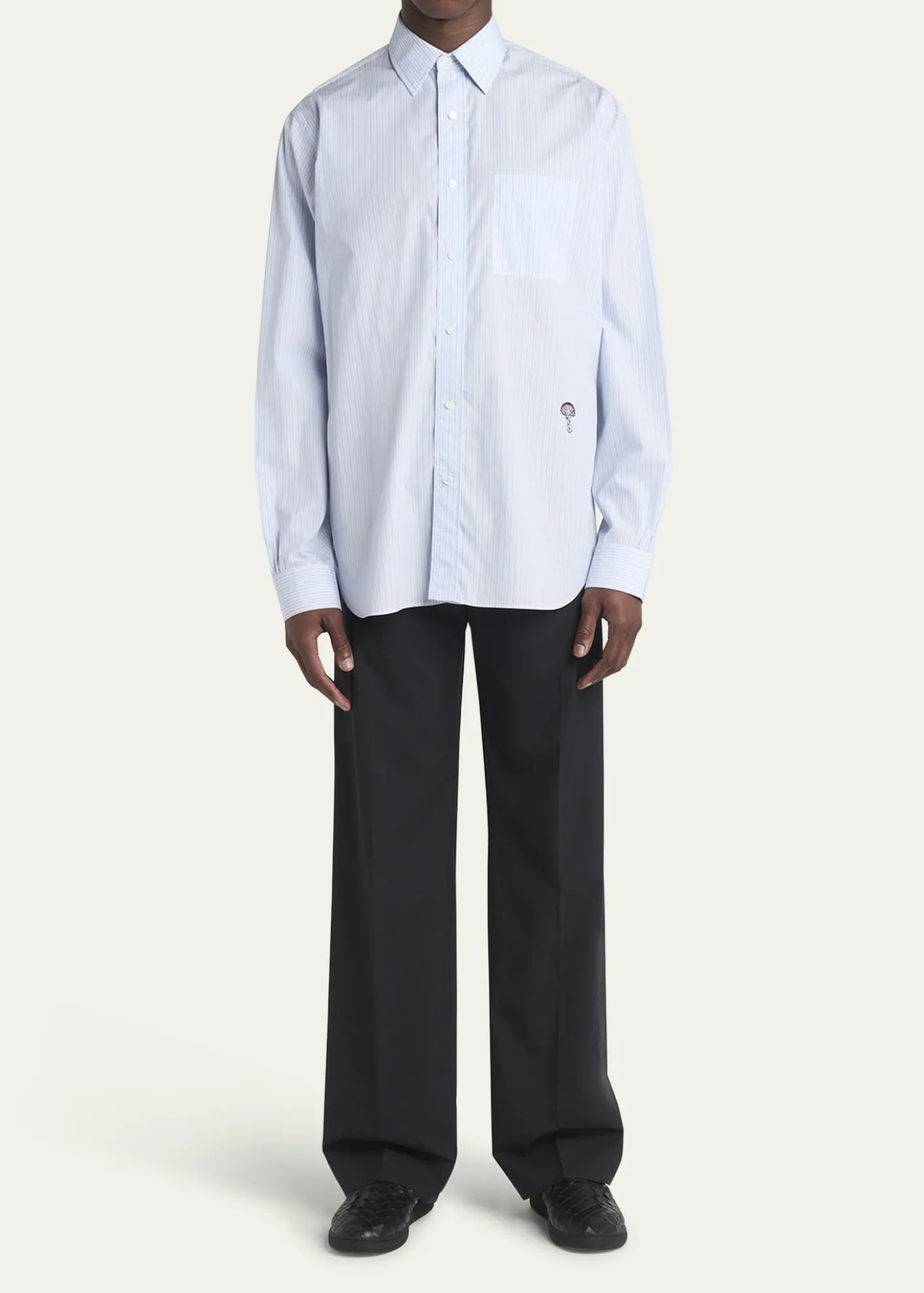 Bottega VenetaMen's Fine Stripe Poplin Shirt with Embroidered Mushroom Patch