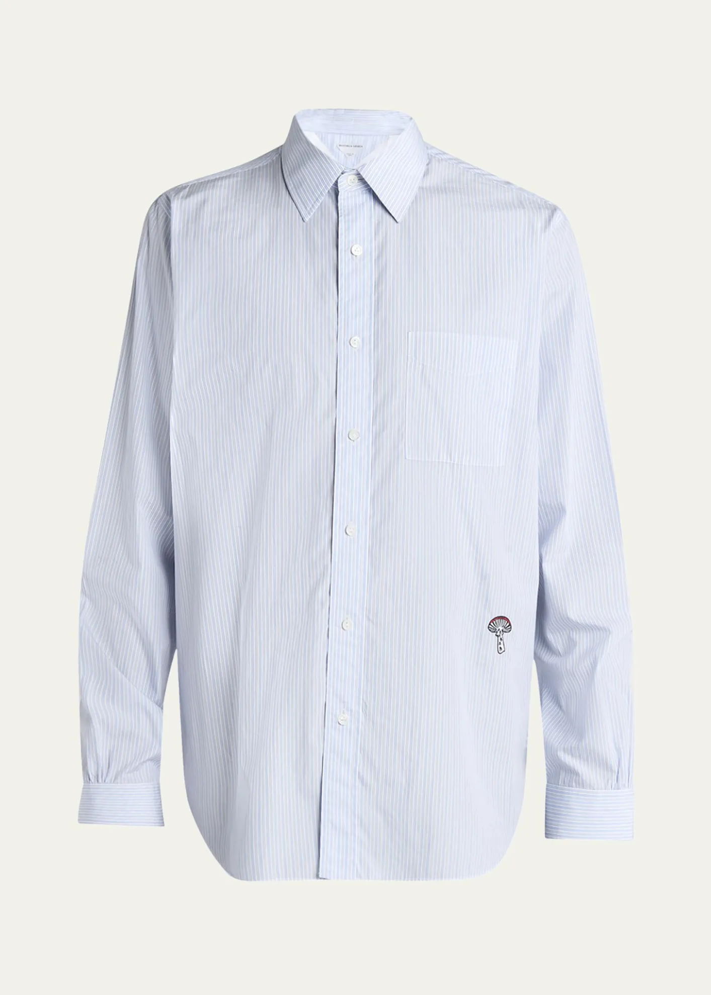 Bottega VenetaMen's Fine Stripe Poplin Shirt with Embroidered Mushroom Patch