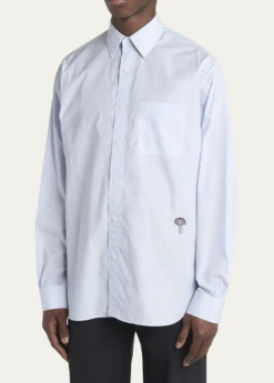Bottega VenetaMen's Fine Stripe Poplin Shirt with Embroidered Mushroom Patch