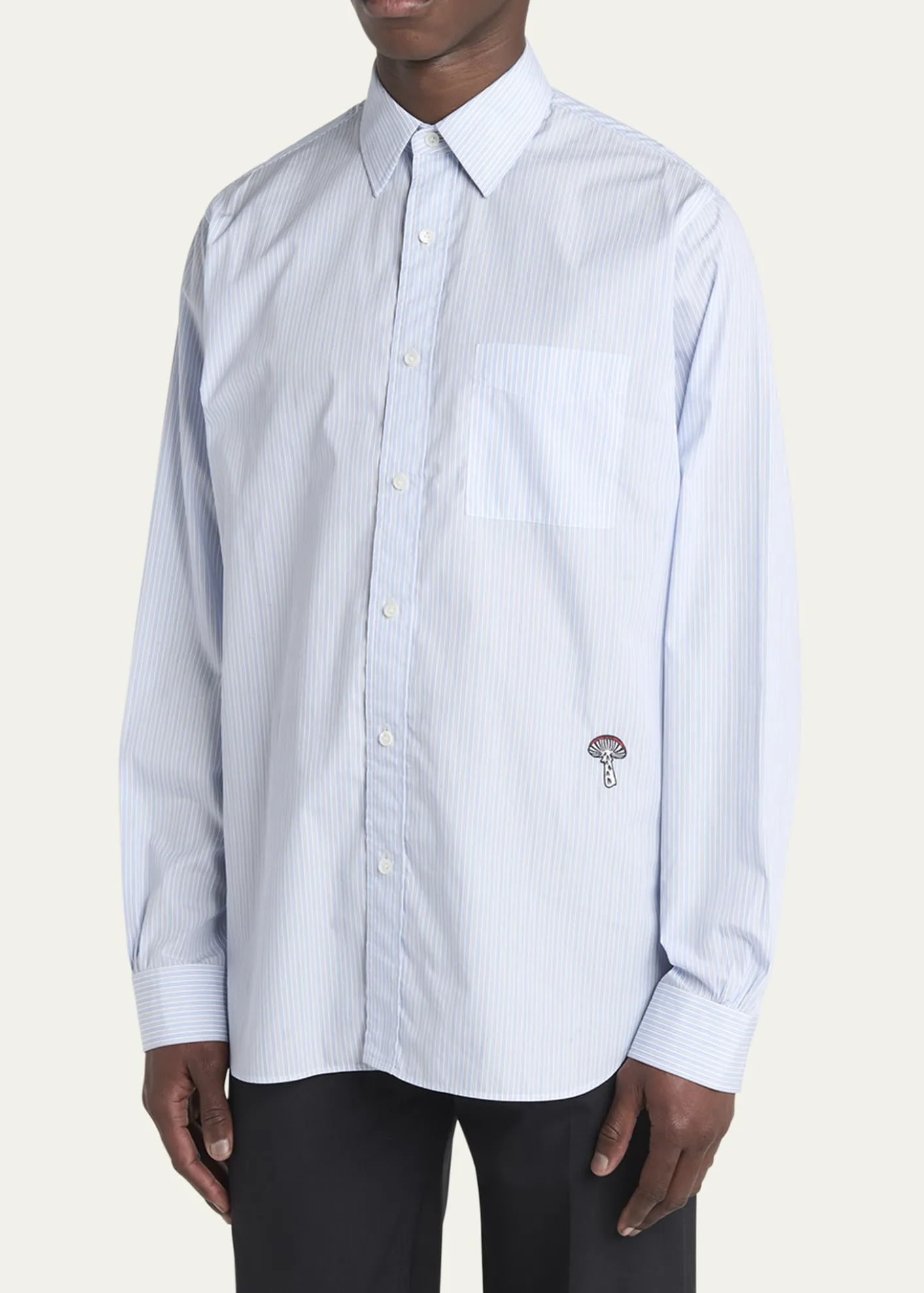Bottega VenetaMen's Fine Stripe Poplin Shirt with Embroidered Mushroom Patch
