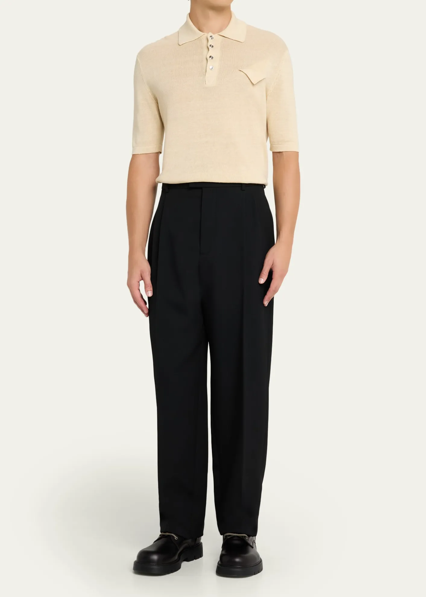 Bottega VenetaMen's Haddock Intrecciato-Collar Leather Lace-Up Boots