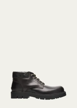 Bottega VenetaMen's Haddock Intrecciato-Collar Leather Lace-Up Boots
