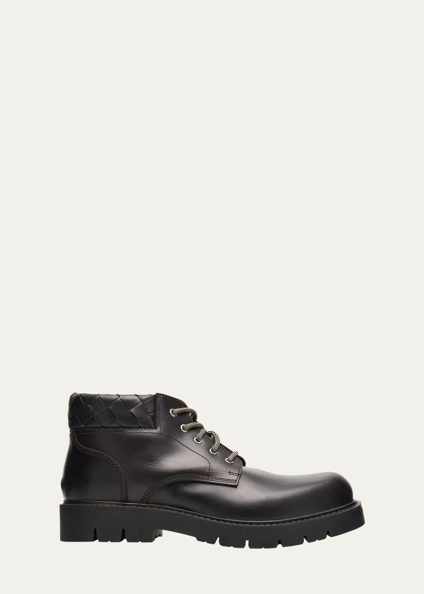 Bottega VenetaMen's Haddock Intrecciato-Collar Leather Lace-Up Boots