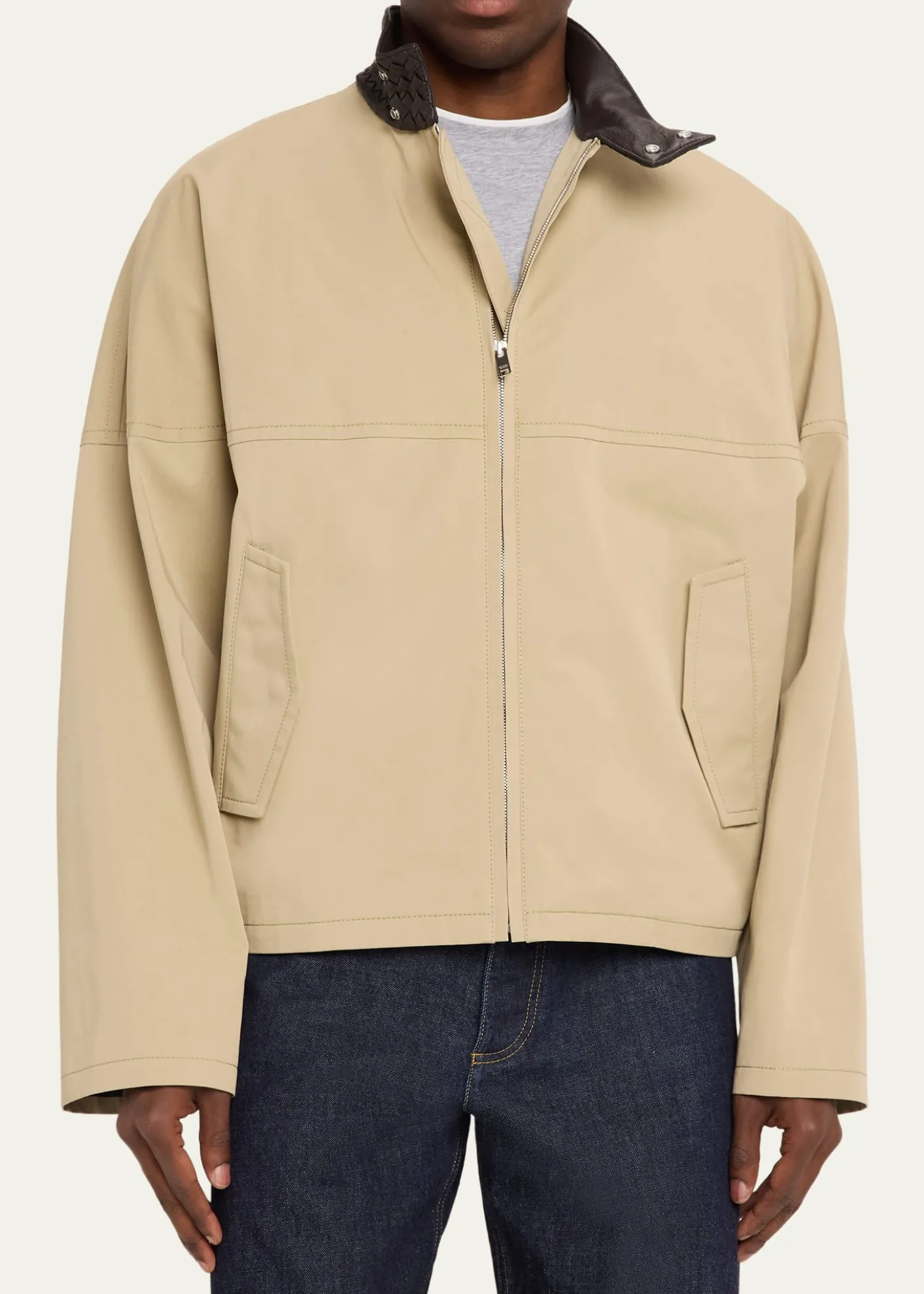 Bottega VenetaMen's Intrecciato Leather-Collar Cotton Blouson
