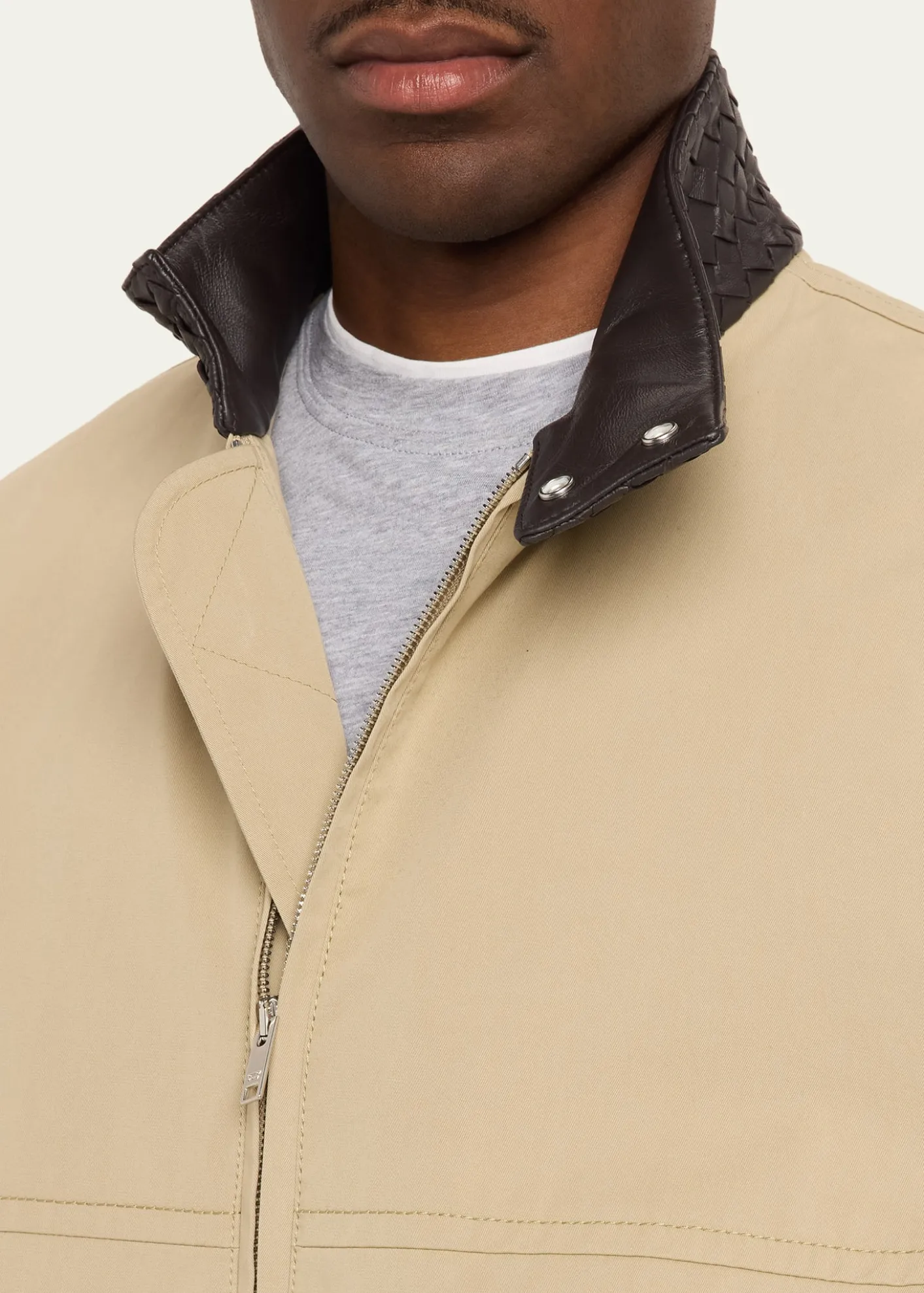 Bottega VenetaMen's Intrecciato Leather-Collar Cotton Blouson
