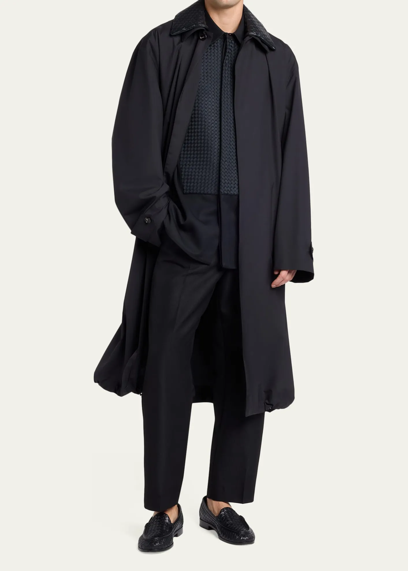 Bottega VenetaMen's Leather Intrecciato-Collar Overcoat