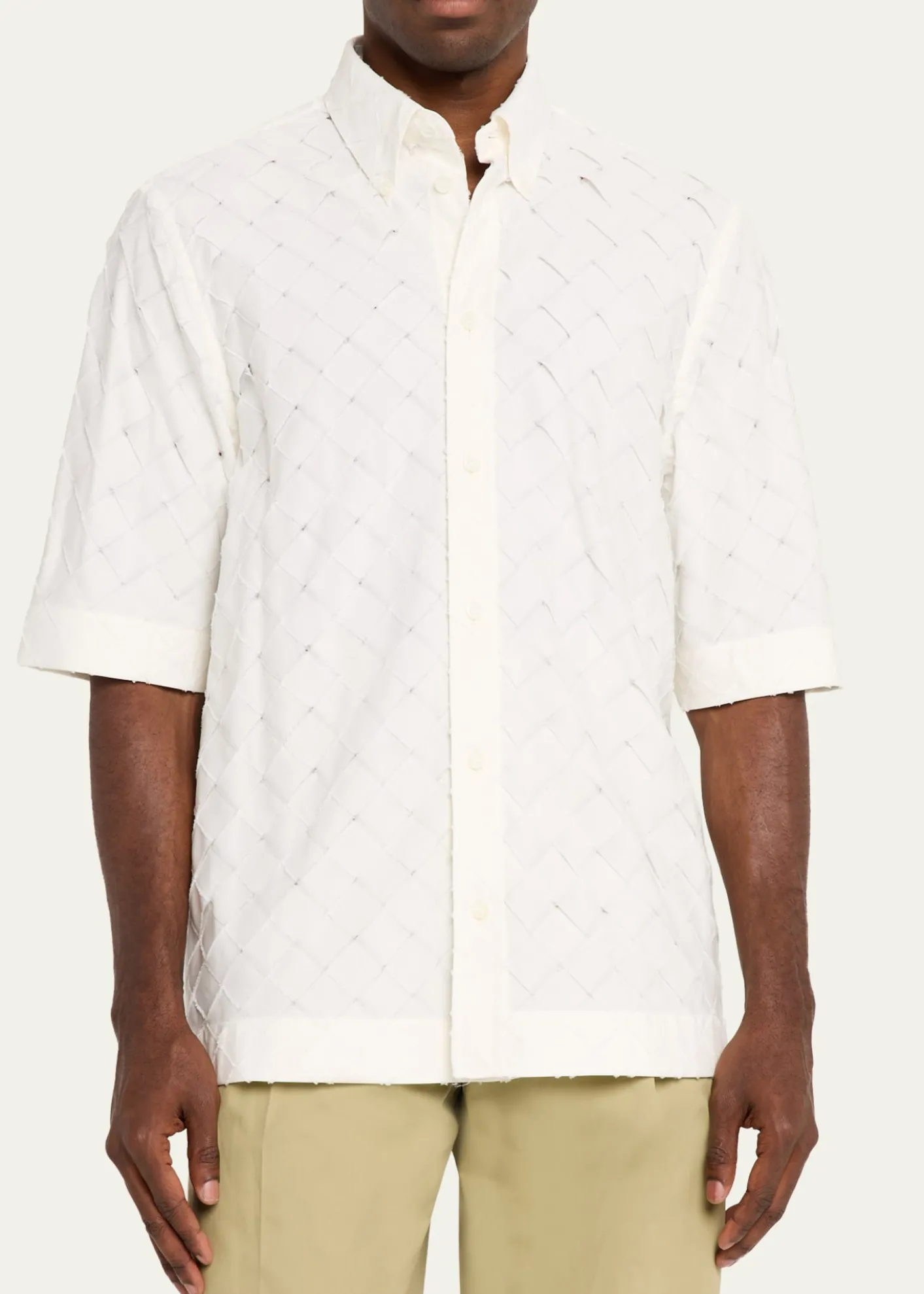 Bottega VenetaMen's Poplin Intrecciato Short-Sleeve Shirt