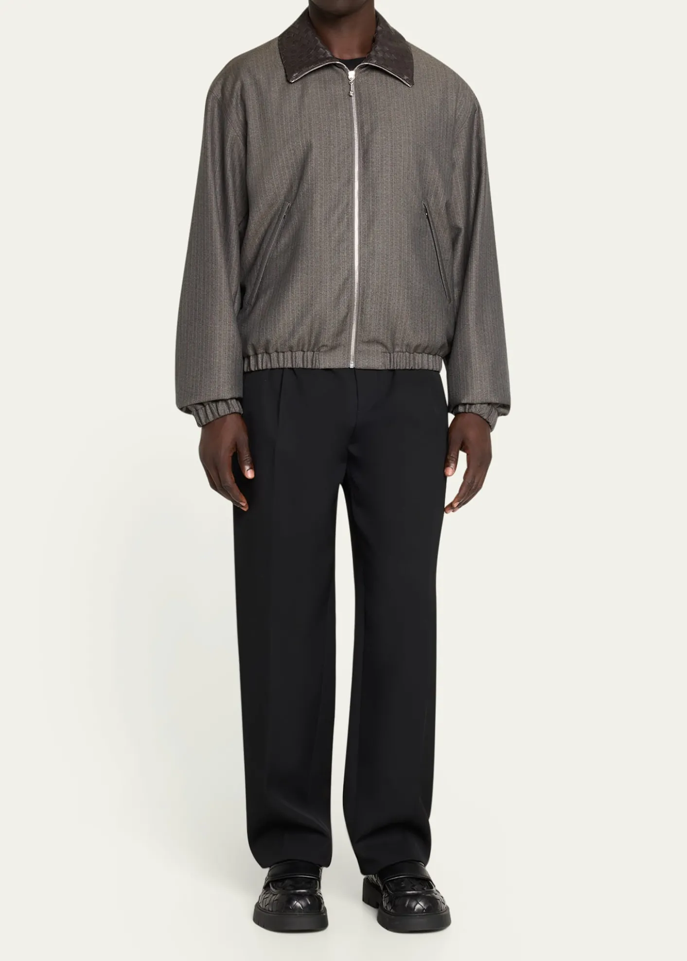 Bottega VenetaMen's Shadow Stripe Intrecciato Leather-Collar Jacket