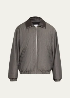 Bottega VenetaMen's Shadow Stripe Intrecciato Leather-Collar Jacket