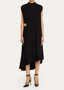 Bottega VenetaMock-Neck Gathered Jersey Asymmetric Midi Dress